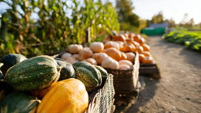 A vibrant display of assorted squash and pumpkins in baskets, representing the rich harvest season and the beauty of nature's bounty in an outdoor setting.