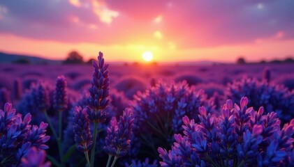 Naklejka premium Sunset bathes lavender in purple hues, close-up view , stunning, tranquil, vibrant