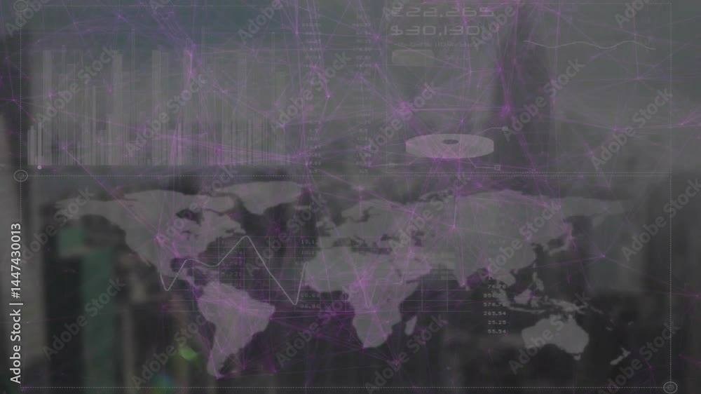 Poster digital data dashboard displaying global network map with charts and metrics over blurred office