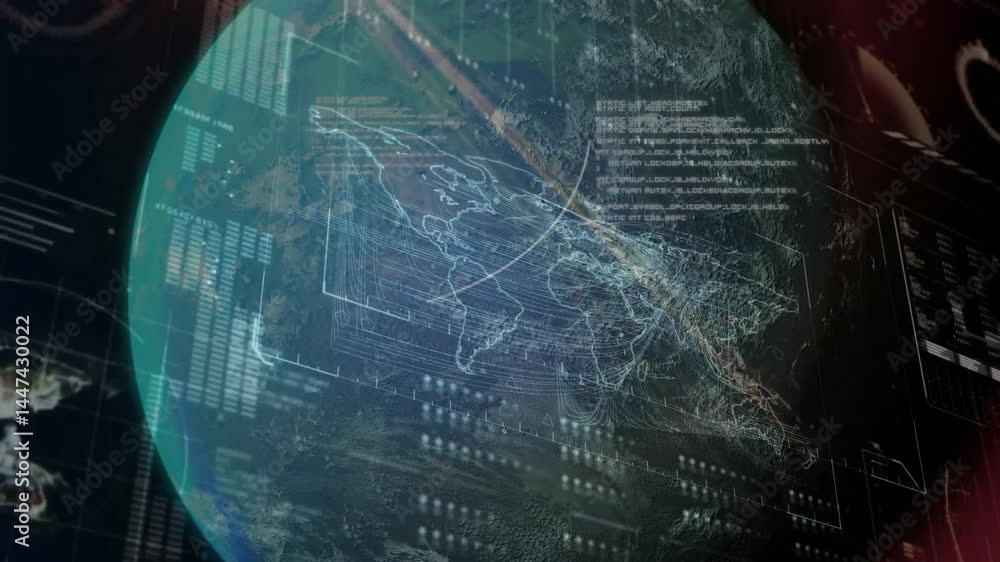 Poster holographic earth globe being visualized in hud, displaying continent maps and data tables