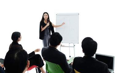 Professional Asian business leader woman presenting financial sales reports on white paper board to diverse team of colleagues. business people seminar for marketing research