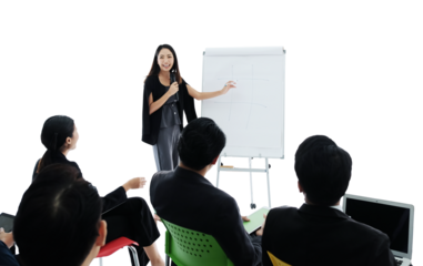 Professional Asian business leader woman presenting financial sales reports on white paper board to diverse team of colleagues. business people seminar for marketing research