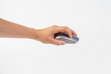 Hand and computer mouse wireless on white background.