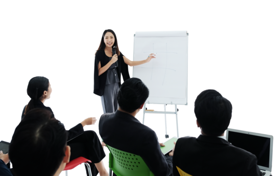 Professional Asian business leader woman presenting financial sales reports on white paper board to diverse team of colleagues. business people seminar for marketing research