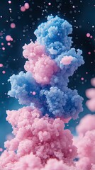 A swirling, vibrant mix of cotton-candy pink and baby blue forms a soft, cloud-like, abstract tower