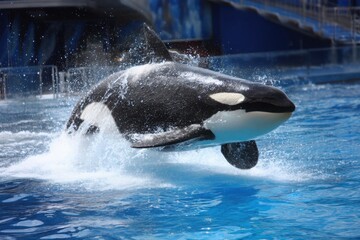 Obraz premium Killer Whale Breaching Water Surface, Orca Leaping, Water Splashing, Aquatic Mammal, Blue Water