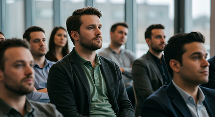Attentive audience listening to a presentation in a modern conference room