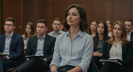 Obraz premium Attentive business professionals seated in a conference room, focused on the speaker
