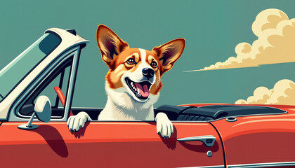 Happy dog enjoying a ride in a convertible car against a blue sky  