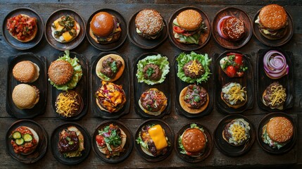 Street food, fast food Fresh hamburger, cheese, vegetables and onions are delicious. Many freshly made pieces are beautifully arranged on dark wooden plates on an old, dark wooden table.top view