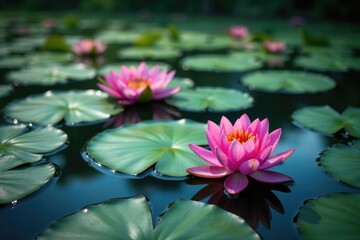 Water lilies forming a floral pattern across a lake, blossom, yellow, image