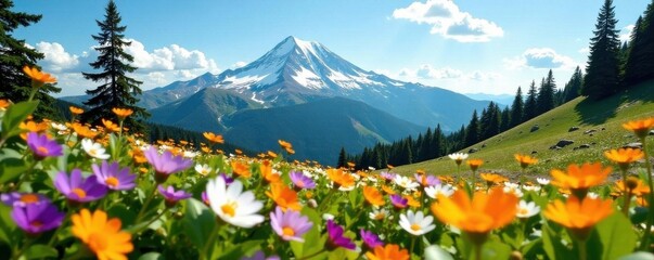 Wildflowers carpet meadows, Rainier's peak in view, scenic, Mount Rainier