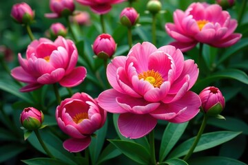 Fototapeta premium Bold peony blooms & lush foliage, continuous print, art, texture