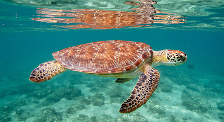 Obraz premium Majestic Sea Turtle Gracefully Gliding Through Crystal-Clear Waters