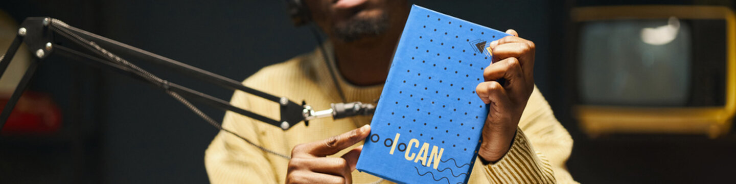 Header with influencer talking about new book during podcast