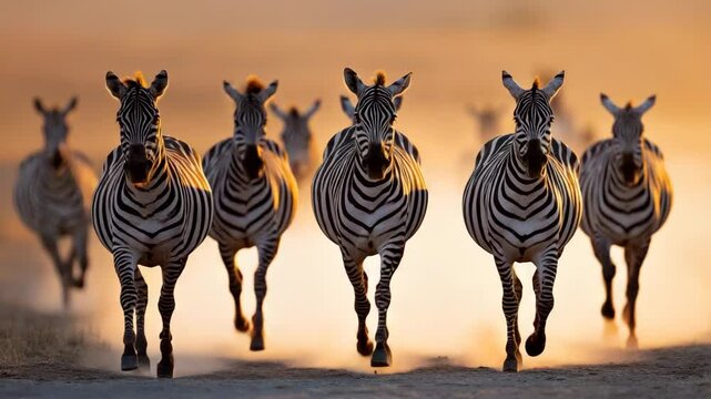 A striking image of a herd of zebras galloping across the plains during a stunning sunset, showcasing the beauty and wildness of nature in motion.