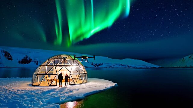 Drone lands beside glass aurora dome on snowy shoreline, aurora dome streaks paint sky, travelers enjoy warm nights inside bright aurora dome refuge. Concept tourism