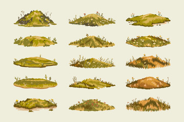 Set of cartoon grassy mounds and hills with small plants and flowers. Natural landscape elements. Vector illustration.