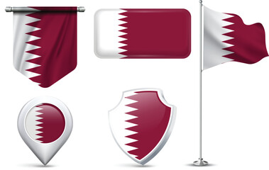 Set of Qatari Flags in Different Shapes and Styles