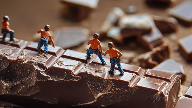 Miniature climbers tackle a giant chocolate bar surrounded by rocky terrain