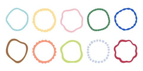 Collection of abstract round shapes and doodle style wavy circle frames