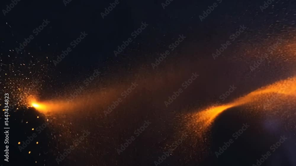 Poster fiery ember wave motion: dynamic particle flow and light trail dance in dark space