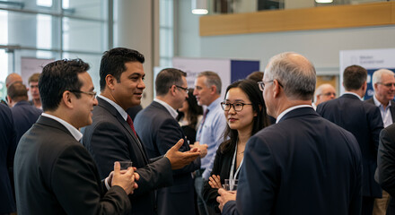 Business professionals networking at a conference.  Diverse group engaged in conversation