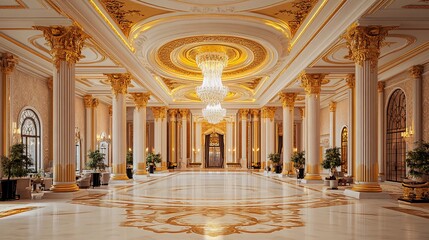Fototapeta premium Luxurious hotel lobby, opulent design, marble floor, grand chandelier, waiting area