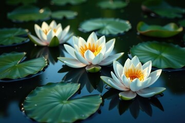 Delicate water lilies forming a natural pattern on a lake, serene, art, still