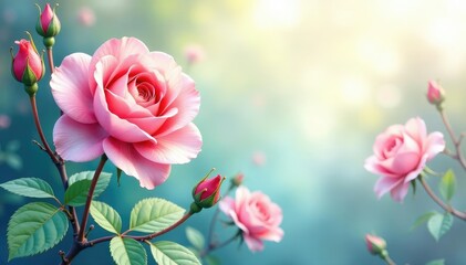 Delicate watercolor rose buds, climbing vines , floral pattern, plant, wallpaper design