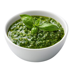 A pocketed, white bowl with green basil sauce on a transparent background