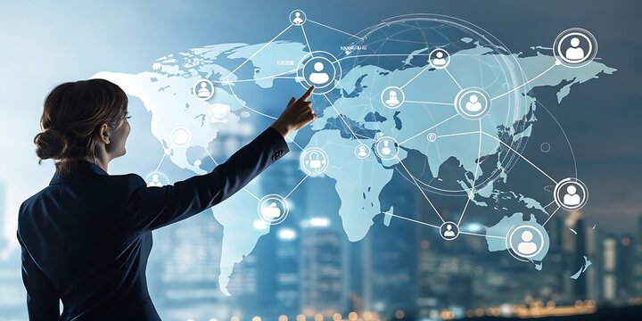 Business woman's hand using digital technology to touch a virtual screen displaying a global map for internet communication