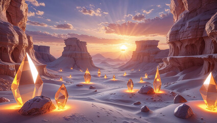 Crystal desert landscape with sunset majestic rock formations and glowing gems