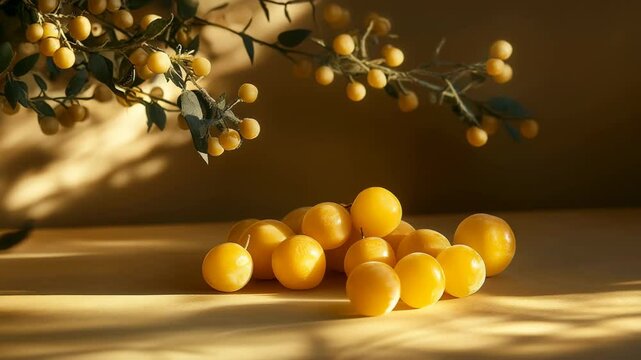 A bunch of yellow fruit on a table. The fruit is ripe and ready to eat. The table is in a room with a lot of sunlight coming in, creating a warm and inviting atmosphere