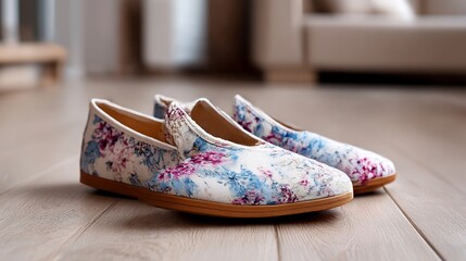 Floral elegance: A pair of flat shoes showcasing delicate floral design on parquet flooring