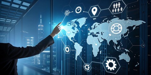 Hand pushing a digital button on a touch screen interface shows a global network concept connecting the world through technology