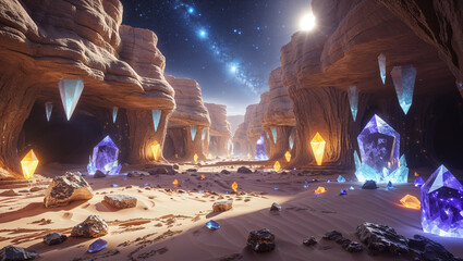 Enchanted canyon landscape with crystalline formations and milky way starry night