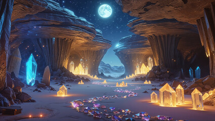 Enchanted crystal cave landscape with moonlit sky and sparkling gems
