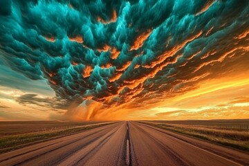 Dramatic sunset over a highway with vibrant clouds