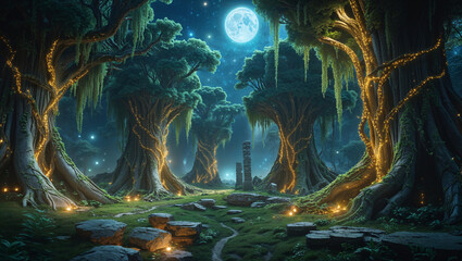 Enchanted forest illuminated by moonlight and fairy lights mystical nightscape