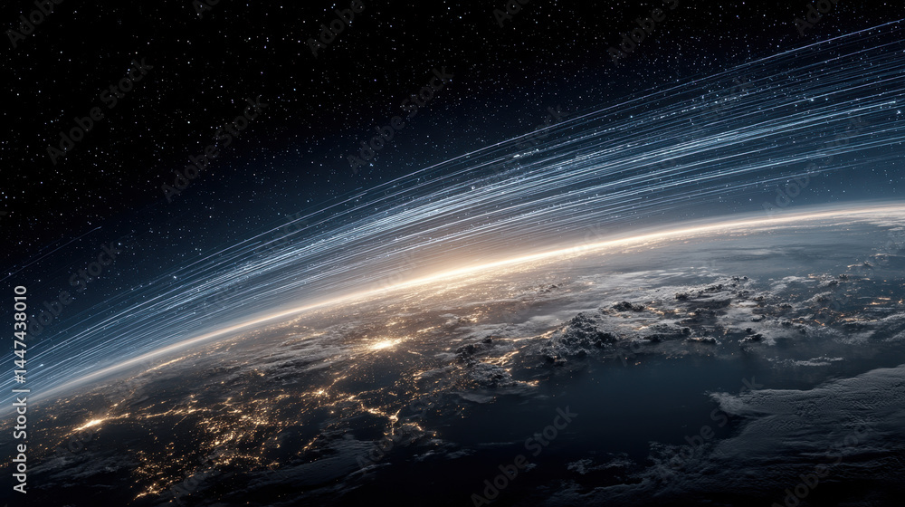 Poster satellite network infrastructure connecting earth and data streams against a starry backdrop