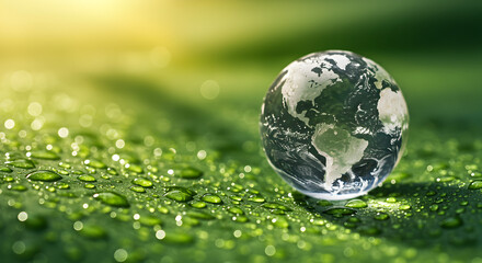 Glass Globe Displaying Earth Resting on Green Leaf with Water Droplets in Sunlight
