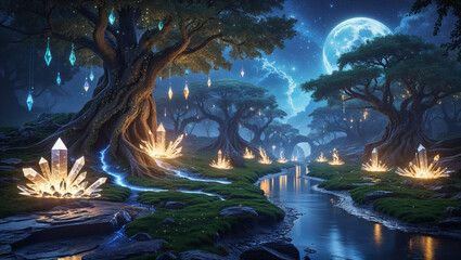 Enchanted forest landscape with glowing crystals and moonlit river