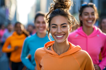 In the middle of the vibrant city, a spirited and athletic group of friends shares laughs and sweat during a fun outdoor fitness session.  