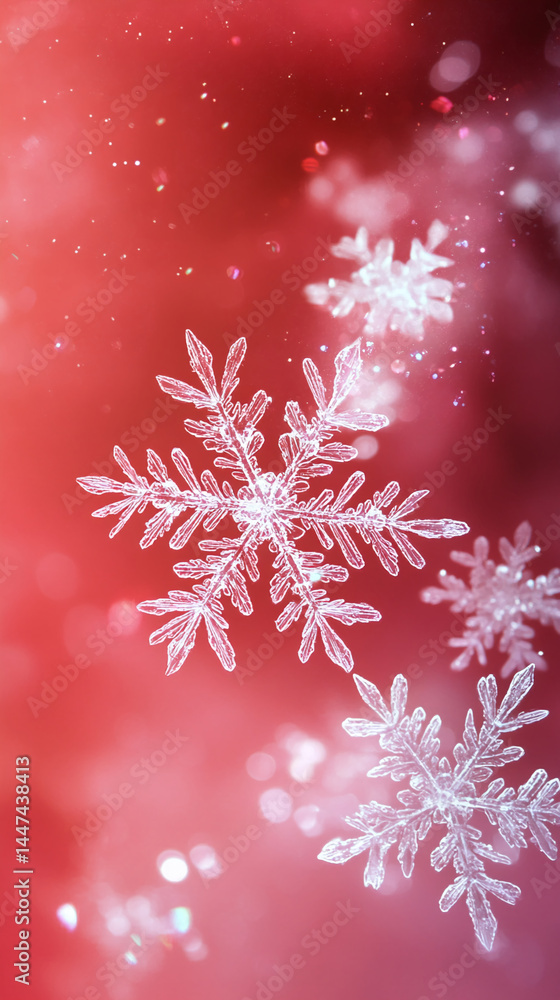 Poster Close-up of intricate snowflake on red background, featuring bokeh effect.  Symbolizes winter, nature's beauty, and festive spirit. Perfect for holiday designs