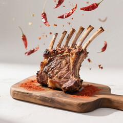 Grilled Lamb Chops on Rustic Wooden board