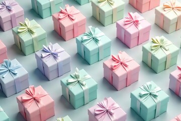 Subtle pastel colored gift boxes, repeating pattern, holiday, minimal