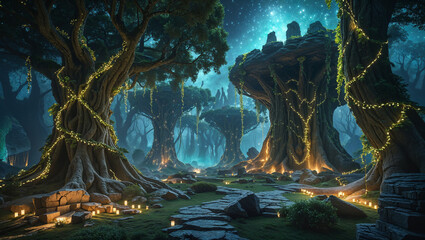 Enchanted forest path with glowing lights and starry night sky background
