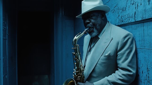 Jazz musician plays saxophone in dimly lit alleyway