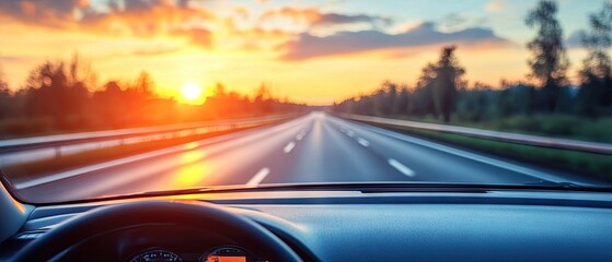 Obraz premium Car driving on road at sunset. View from interior of vehicle, heading towards horizon